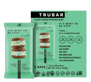 TRUBAR Protein Bar, It's Mint to Be Chip, Plant Based Protein, Vegan, Gluten Free, Kosher, 5 Count, Box