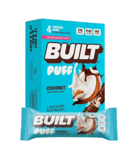 Built Bar Protein Bar, Coconut Puff, 17g Protein, Collagen, 140 Calories, 4 Count Box, 1.41 oz Bars