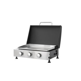3Burner Propane Gas Grill And SS Plancha  2in1 BBQ & Griddle, Cast Iron Grate, Enamel Body, Compatible With 16oz Camping Tanks & 20lbs Backyard T (Color: Black)