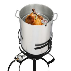 30QT Turkey Pot, 10QT Fish Pot, Four Piece Set, Black Circular Iron Frame, Silver Aluminum Pot, Gas Fryer (Option: Silver Aluminum Pot Black Hob)
